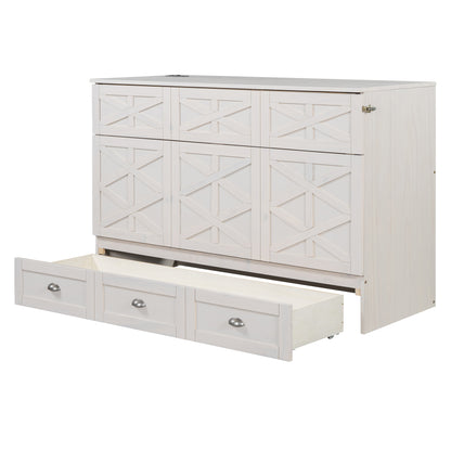 Queen Size Murphy Bed with Large Drawers,Brushed White