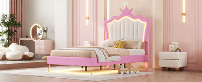 Twin Size Upholstered Bed Frame with LED Lights, Modern Upholstered Princess Bed with Crown Headboard, Pink+White