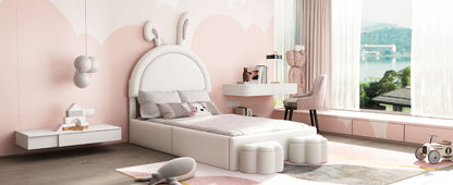 Twin size Upholstered Rabbit-Shape Bed with 2 Storage Stools, Velvet Platform Bed with Cartoon Ears Shaped Headboard, White