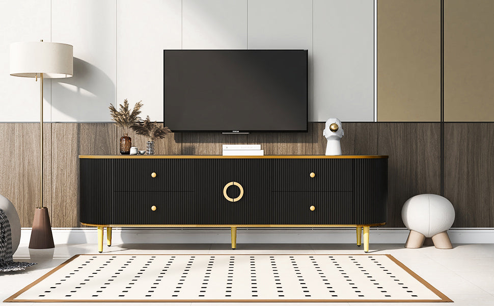 U-Can Modern TV Stand for TVs up to 80 Inches, Entertainment Center with 4 Drawers and 1 Cabinet, Wood TV Console Table with Metal Legs and Handles for Living room