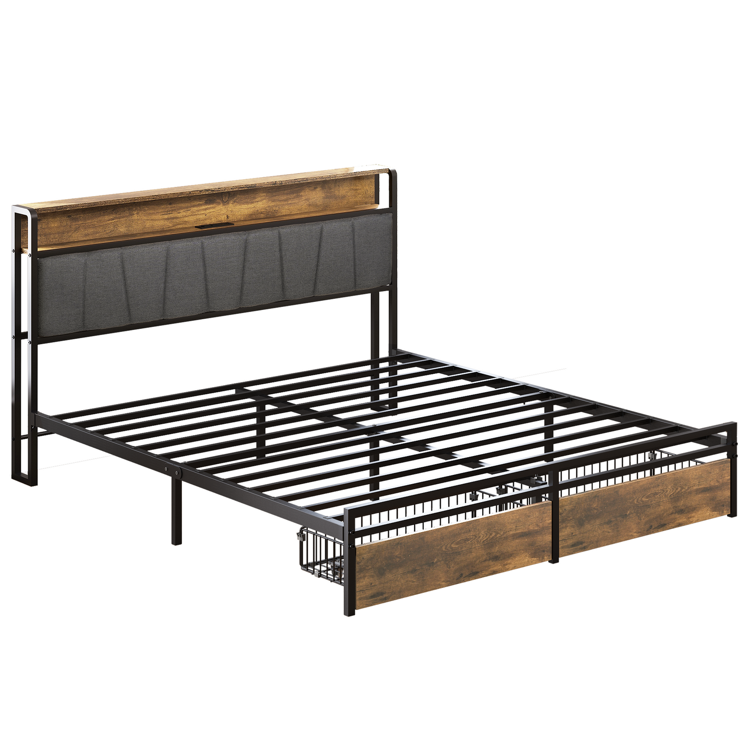 Queen Size Bed Frame Upholstered Platform Bed Frame with Storage Drawers, USB Ports, LED Lights, Upholstered Wingback Headboard, Rustic Brown