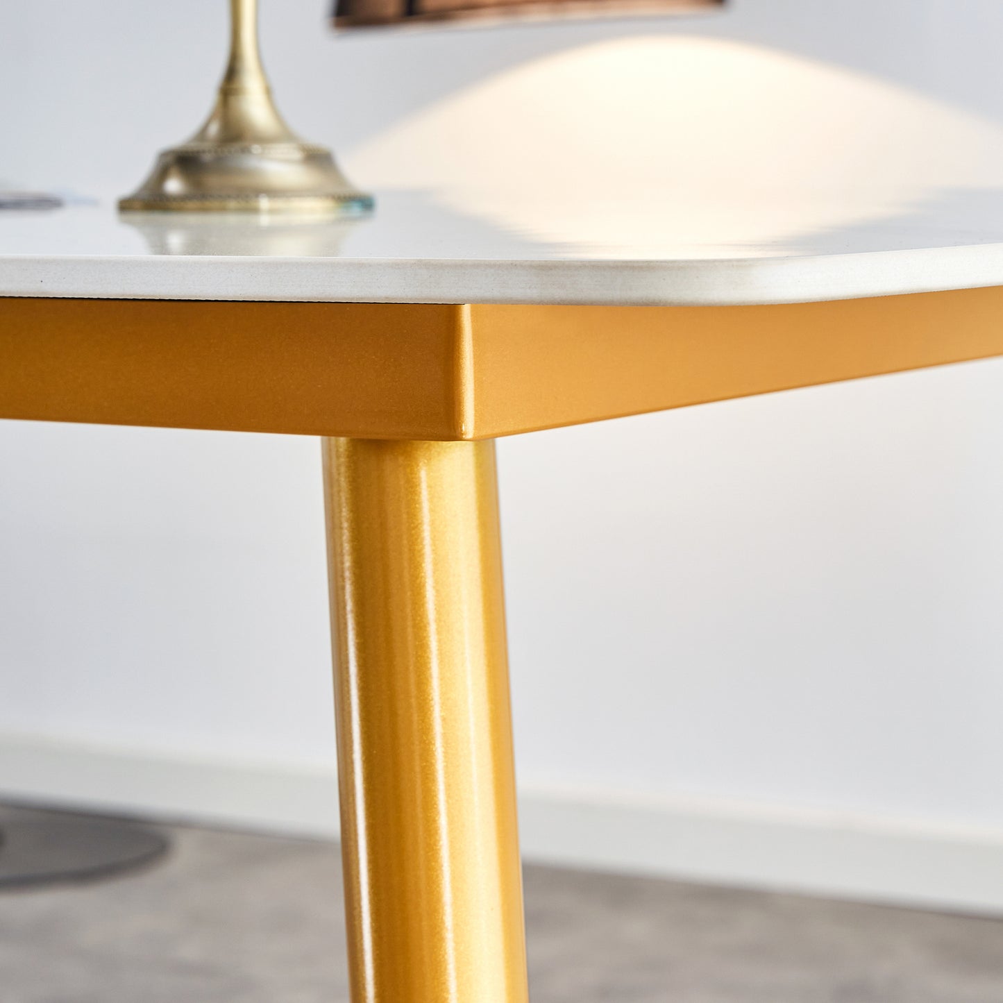 Modern minimalist dining table. White imitation marble patterned stone burning tabletop with golden metal legs. 50 "* 30" * 30 "F-001