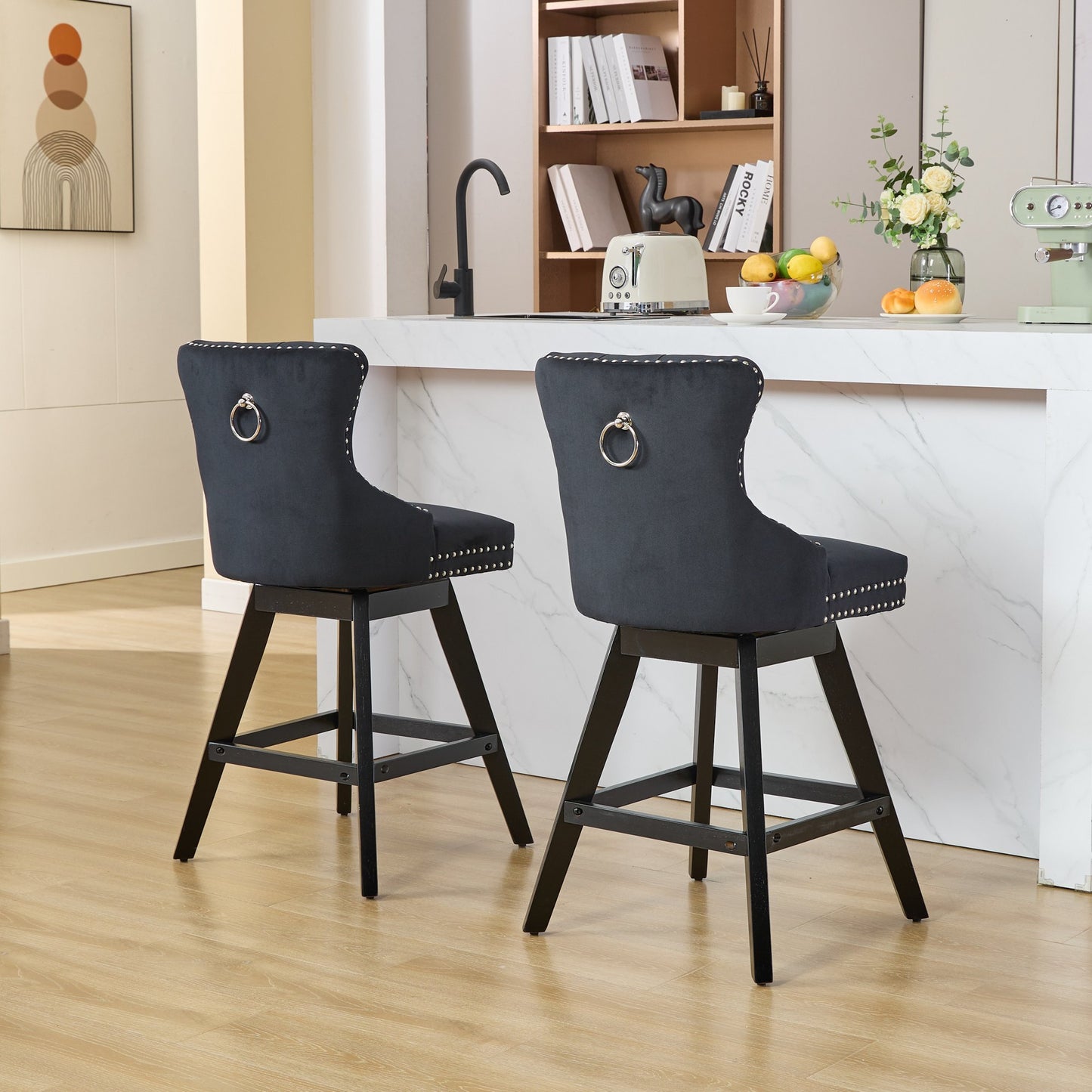 Swivel Velvet Barstools with Button Tufted Decoration and Wooden Legs, and Chrome Nailhead Trim, Leisure Style Bar Chairs,Bar stools, Set of 2 (Black),SW1860BK