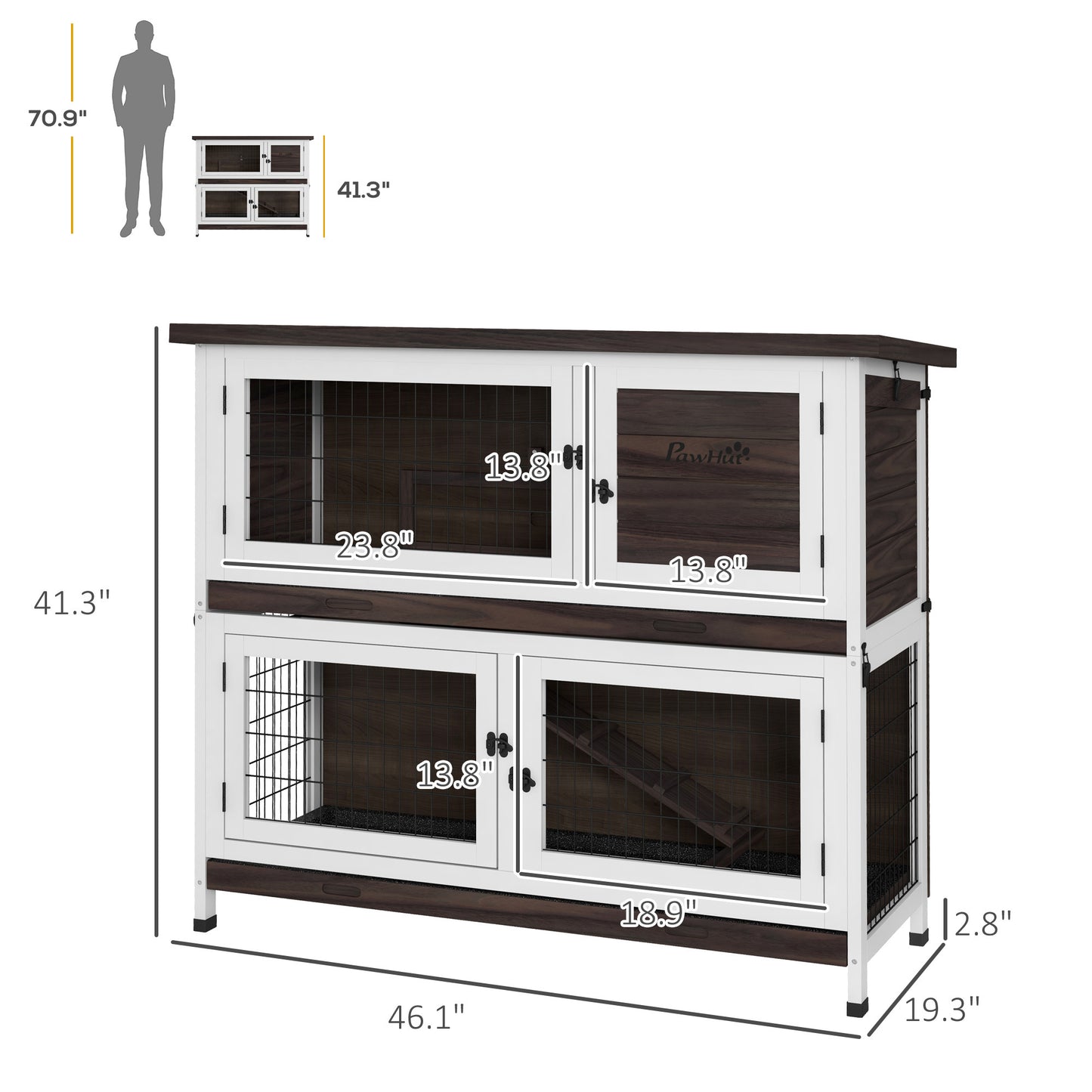 PawHut Rabbit Hutch, Outdoor 2-Tier Rabbit Cage, 46" Wooden Guinea Pig Cage with Double Removable Trays, Ramp, Asphalt Roof for 1-2 Rabbits, No Screws Easy Installation, Brown