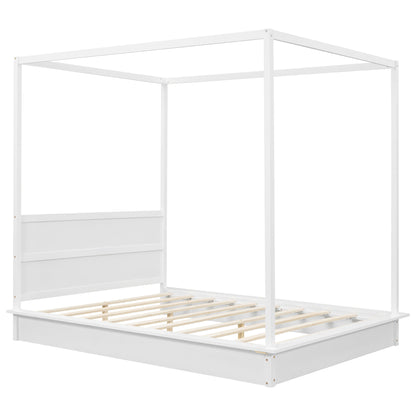 Queen Size Wood LED Canopy Bed ,Canopy Platform bed With Support Slats, No Box Spring Needed, White