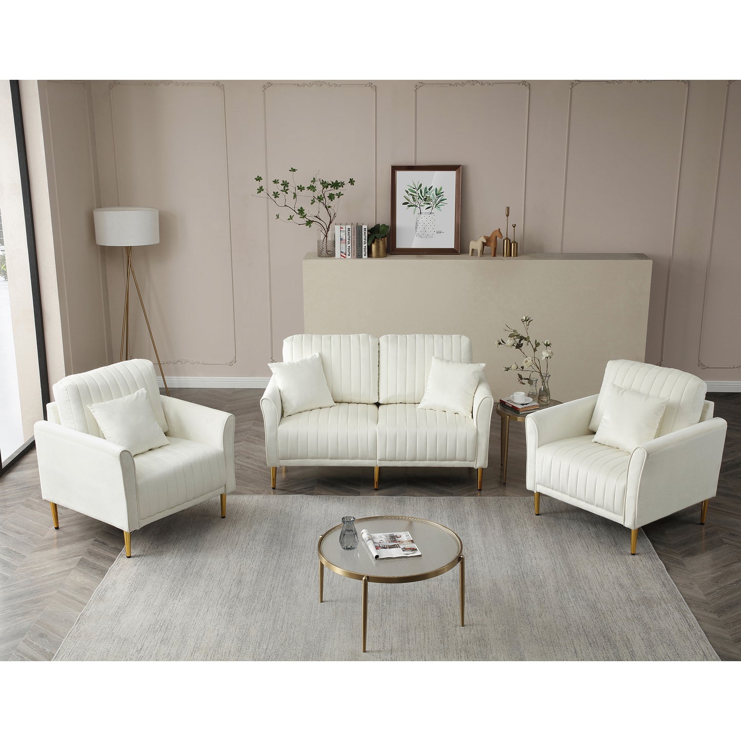 Living Room Sofa Set of 3, Loveseat Sofa Couch and Comfy Accent Arm Chair w/Pillows, Metal Legs, Upholstered Modern Furniture for Bedroom, Office, Small Space, Apartment Cream White