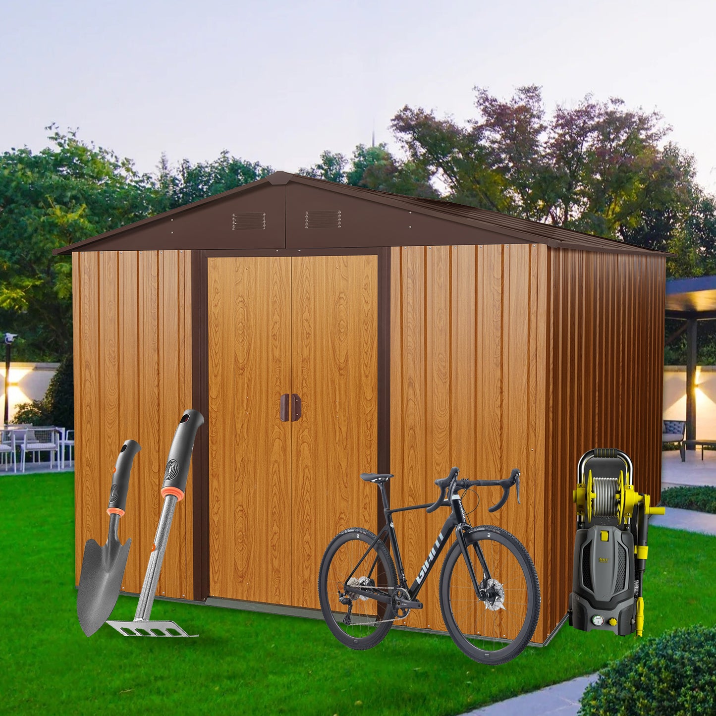 8ft x 10ft Outdoor Metal Storage Shed with Metal Foundation,Coffee