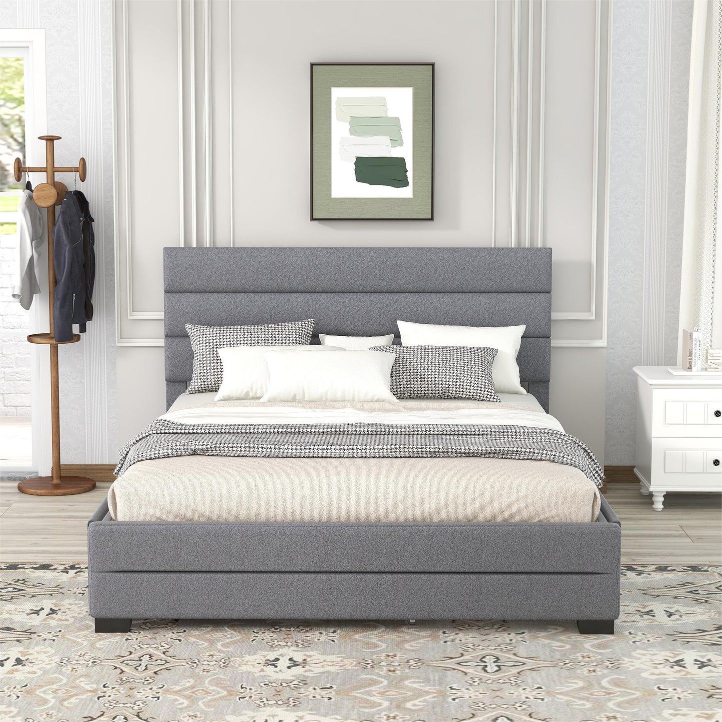 Queen Upholstered Platform Bed with Twin Size Trundle and Two Drawers,Grey