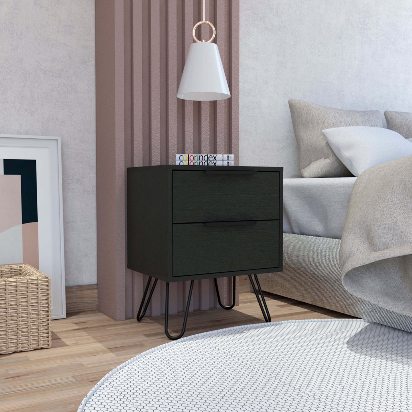 Nuvo Nightstand,Two Drawers, Hairpin Legs
