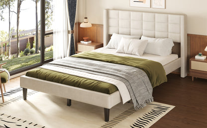 Queen Size Upholstered Platform Bed with Support Legs, Beige