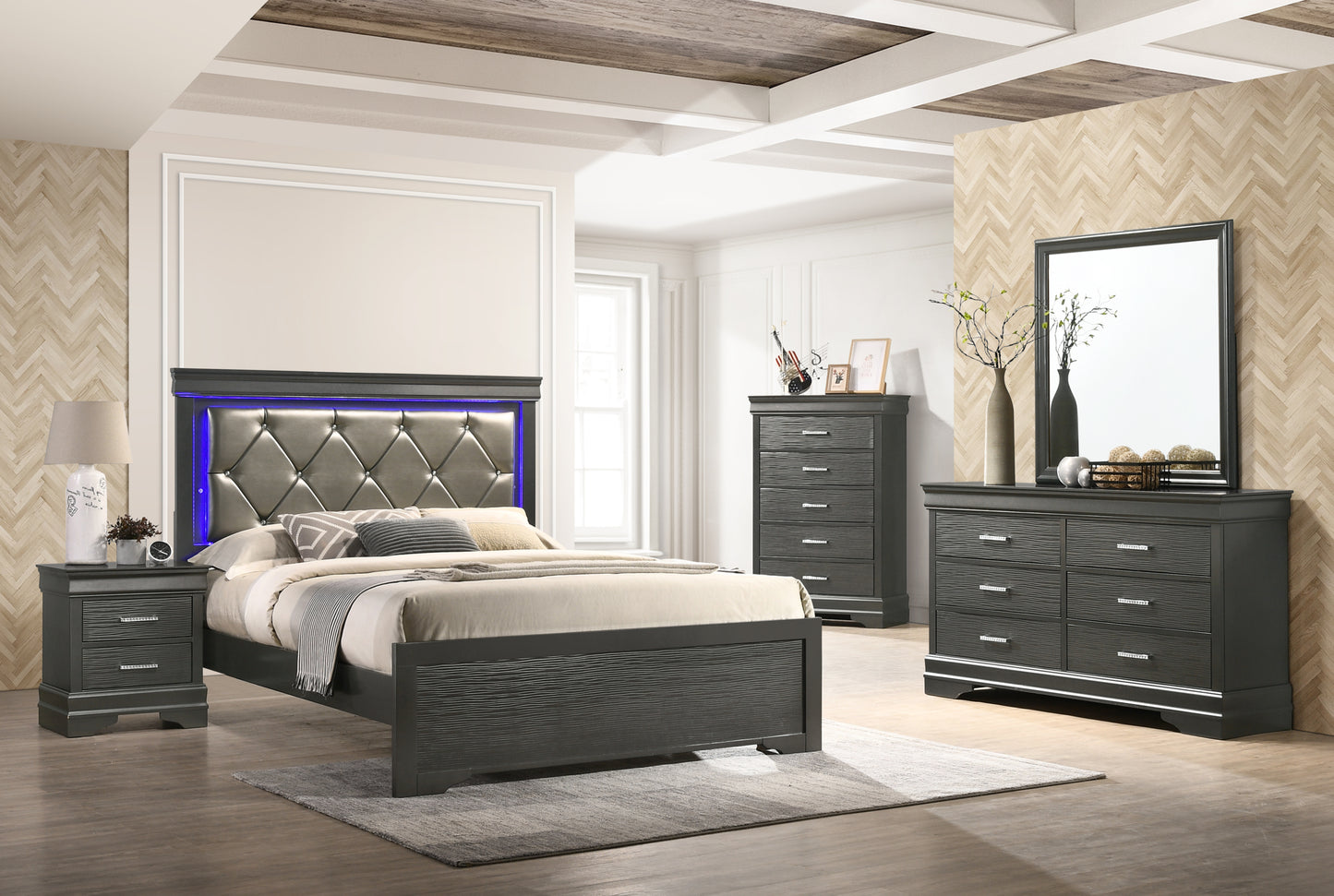 Twin 5 Pc Tufted Upholstery LED Bedroom set made with Wood in Gray