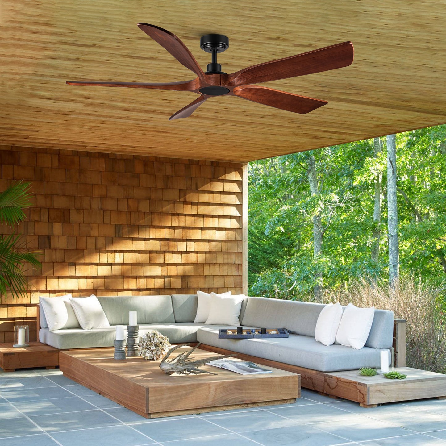 60 in. Farmhouse Walnut Wood Ceiling Fan with Remote Control,without Light