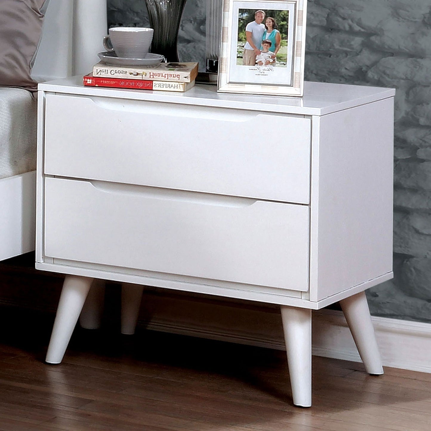 Mid-Century Modern White Color 1pc Nightstand Bedroom Furniture Solid wood Round Tapered Legs 2-Drawers Bedside Table
