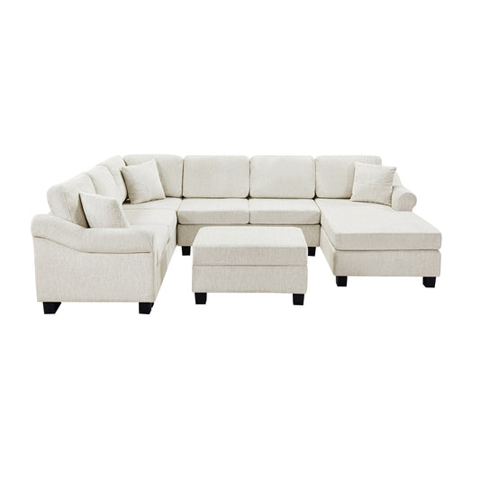 Contemporary U-shaped Sectional Sofa with Movable Storage Ottoman, White Chenille 111.8'