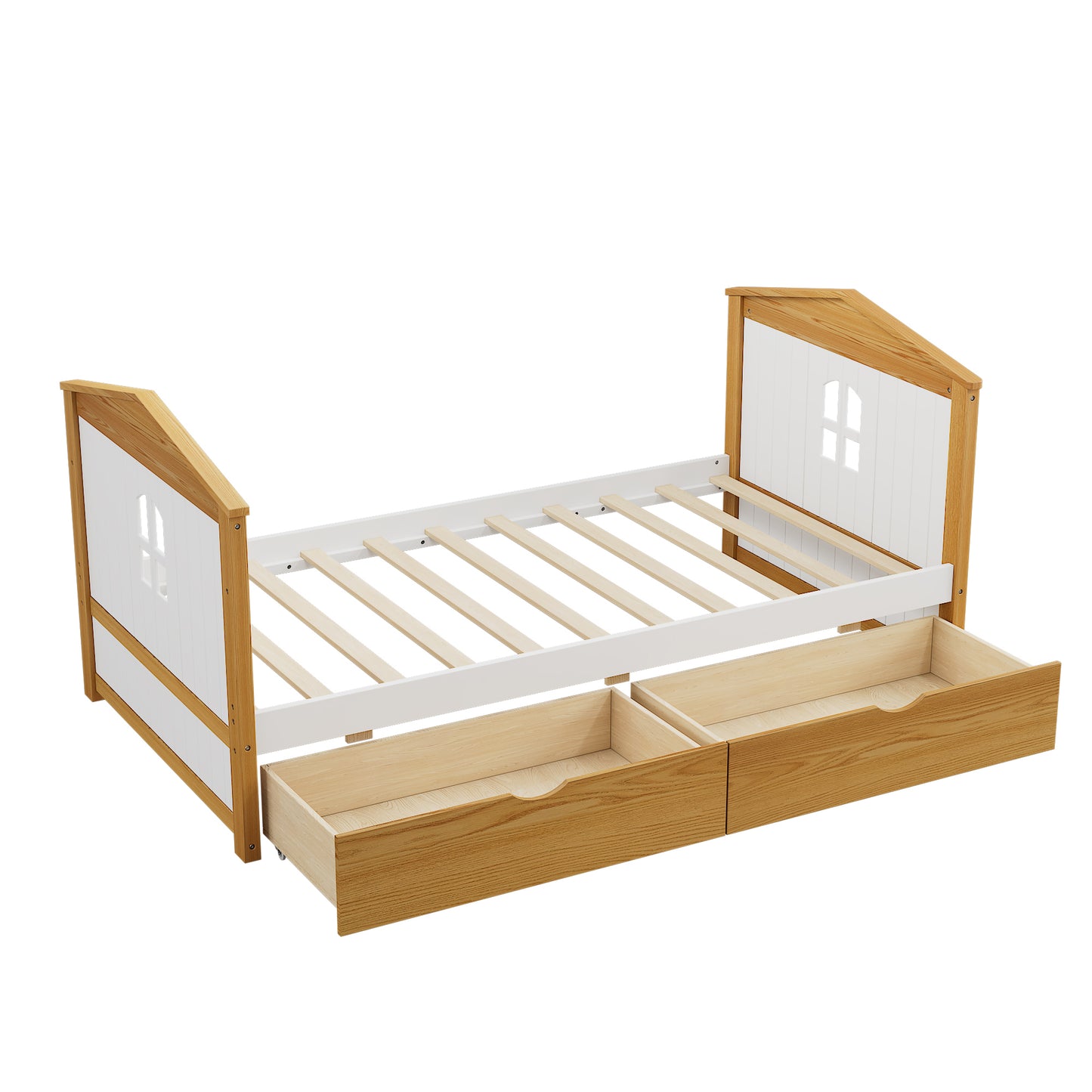 Twin Size House Shape Bed with Drawers and Safety Fence Guardrails Bed Toddler Bed for Girls Boys,No Box Spring Needed, Walnut and White