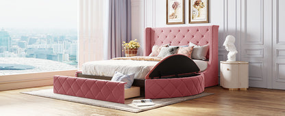 Upholstered Platform Bed Queen Size Storage Velvet Bed with Wingback Headboard and 1 Big Drawer,2 Side Storage Stool(Pink)