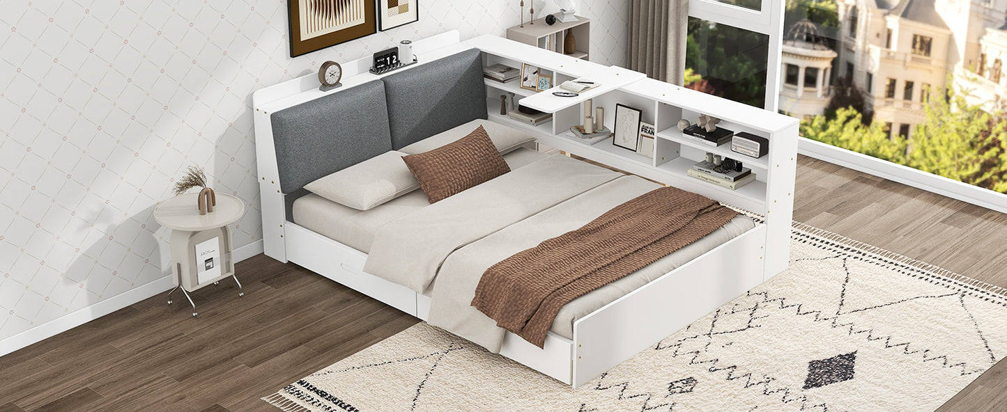 Wood Full Size platform bed with Storage Headboard, Shelves and 2 Drawers, White