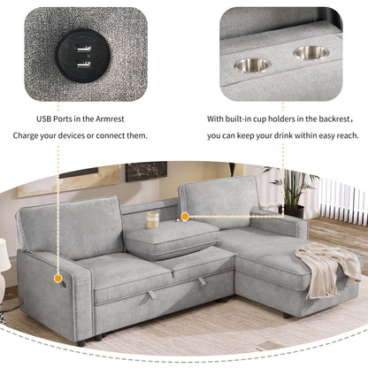 U_STYLE Upholstery Sleeper Sectional Sofa with Storage Space, USB port, 2 cup holders on Back Cushions(same sku; WY000335AAE)