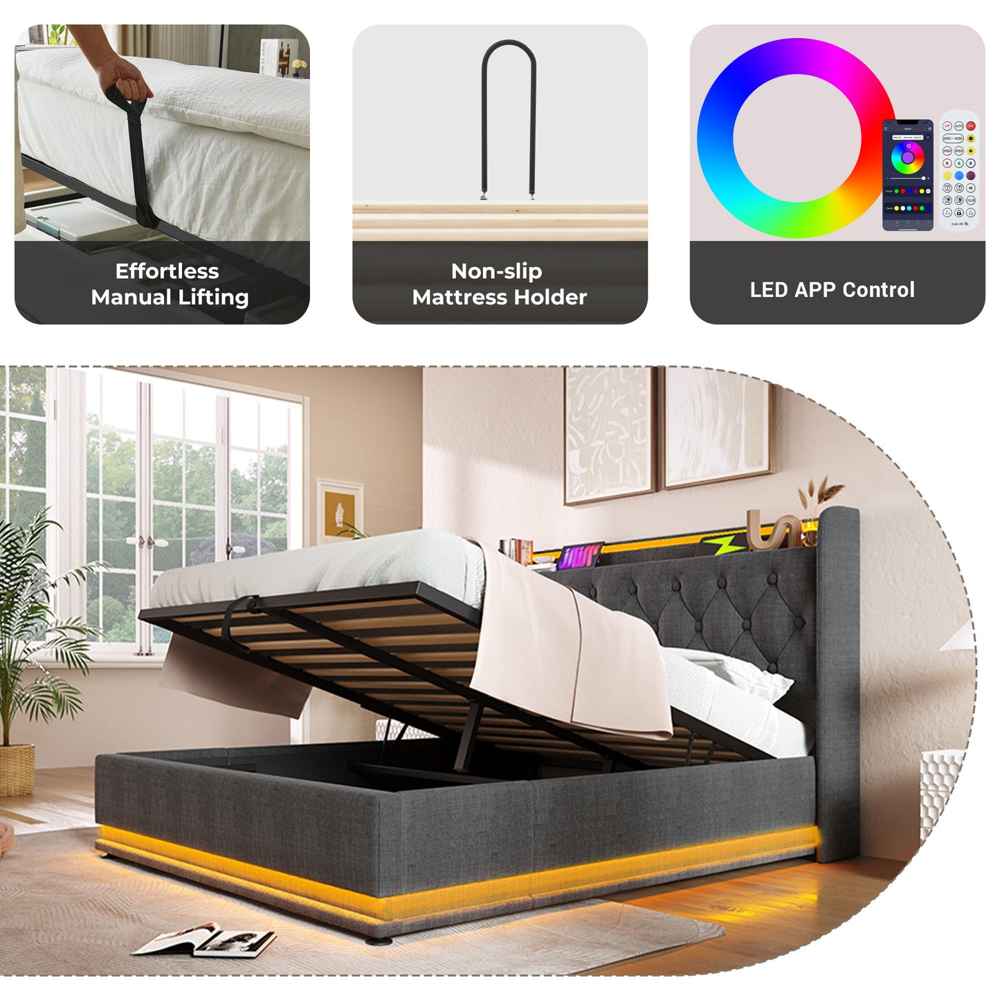 Full size Upholstered bed, 360 surround LED function, Buttons/Apps/Remote Control, hydraulic storage bed with USB Type-C charging, Gray,Linen (Without mattress)