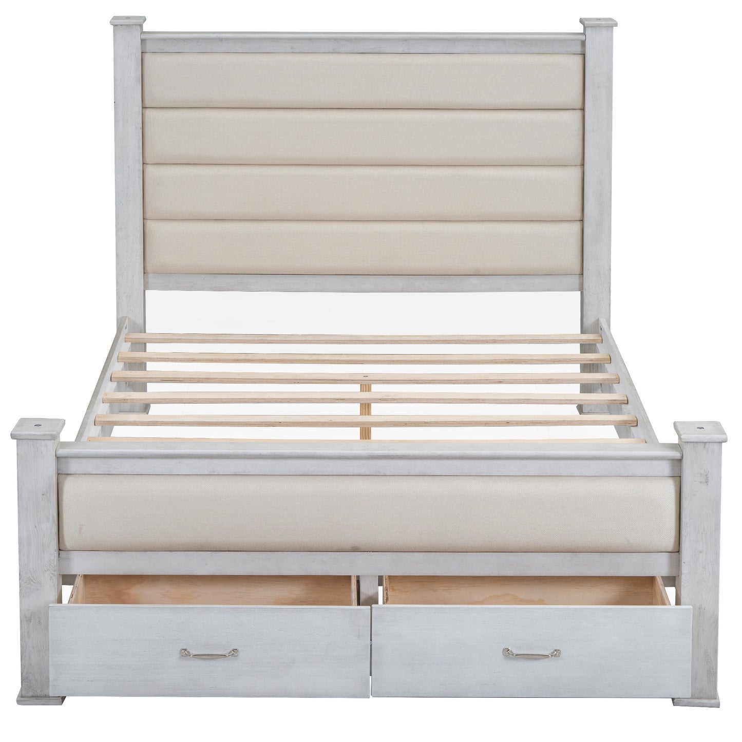 Queen Size Wood Frame Platform Bed with Upholstered Headboard, Footboard and 2 Drawers, Antique White