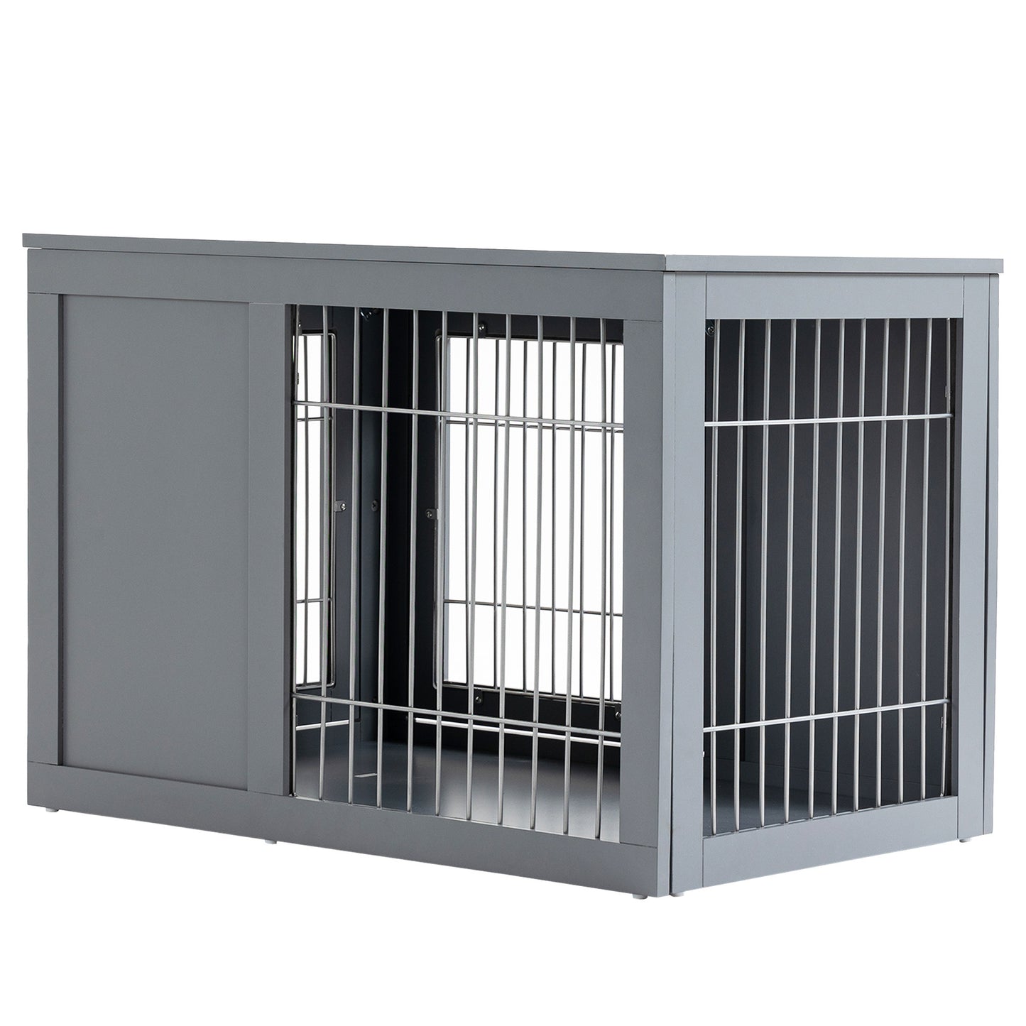 PawHut Dog Crate Furniture Wire Indoor Pet Kennel Cage, End Table with Double Doors, Locks for Small and Medium Dog House, Grey