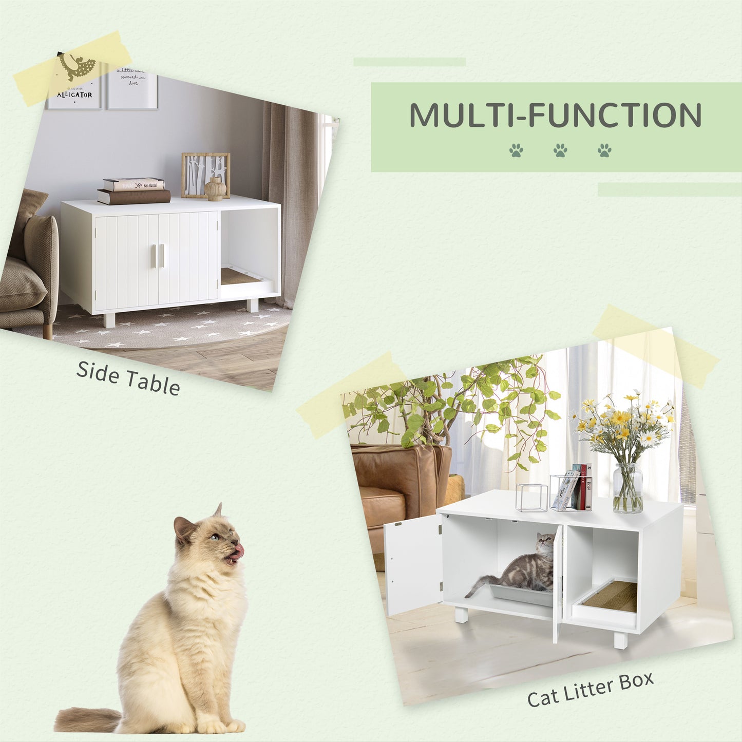 Wooden Cat Litter Box Enclosure & House, Kitty Hidden Washroom, with End Table Design, Scratcher, & Magnetic Doors, White