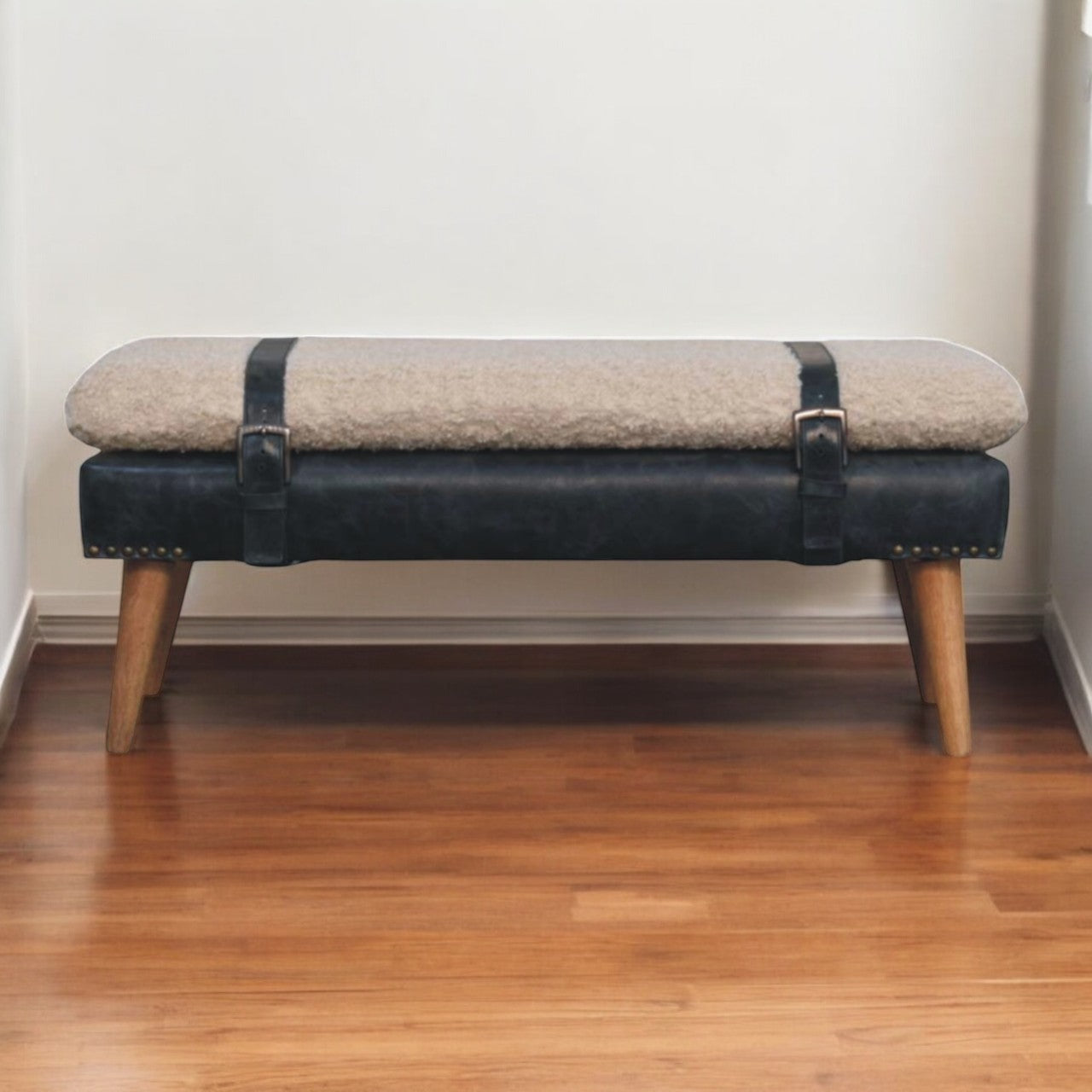 Boucle x Black Leather Bench