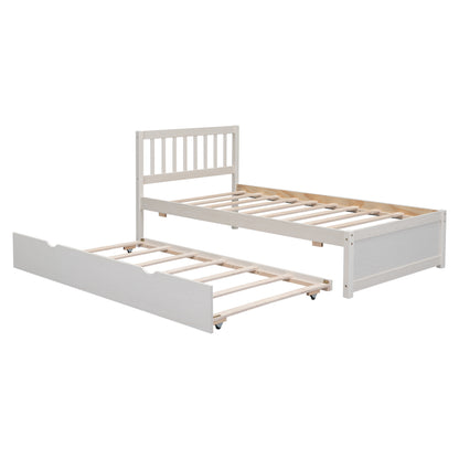 Wooden Twin Size Platform Bed Frame with Trundle for White Washed Color