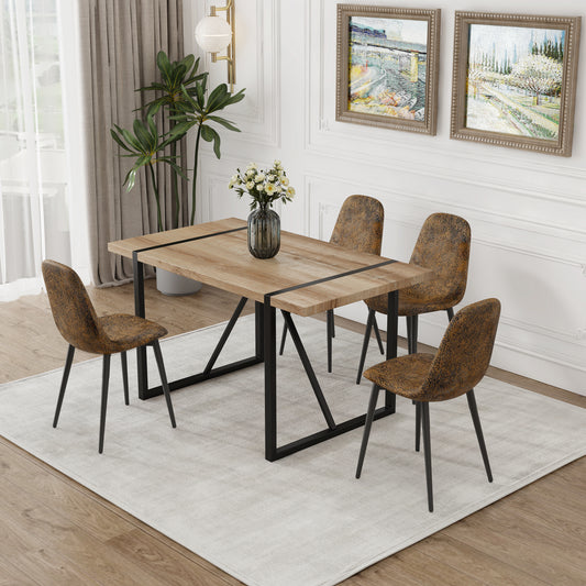 55" MDF Wood Colour Dining Table and Modern Dining Chair Set of 4, Mid Century Wooden Kitchen Table Set, Metal Base & Legs, Dining Room Table and Suede  Chairs