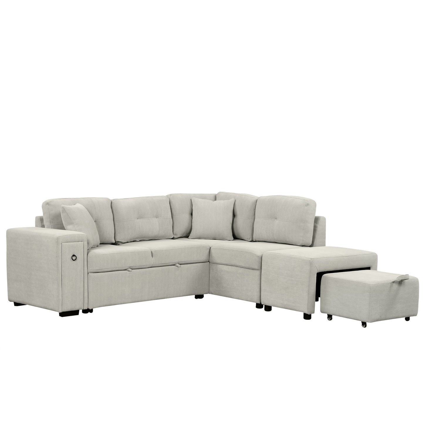 86.6" Sectional Sofa L-shaped Sofa Couch Pull-out Sofa Bed with a Movable Ottoman, Two USB Ports and Two Cup Holders for Living Room, Gray
