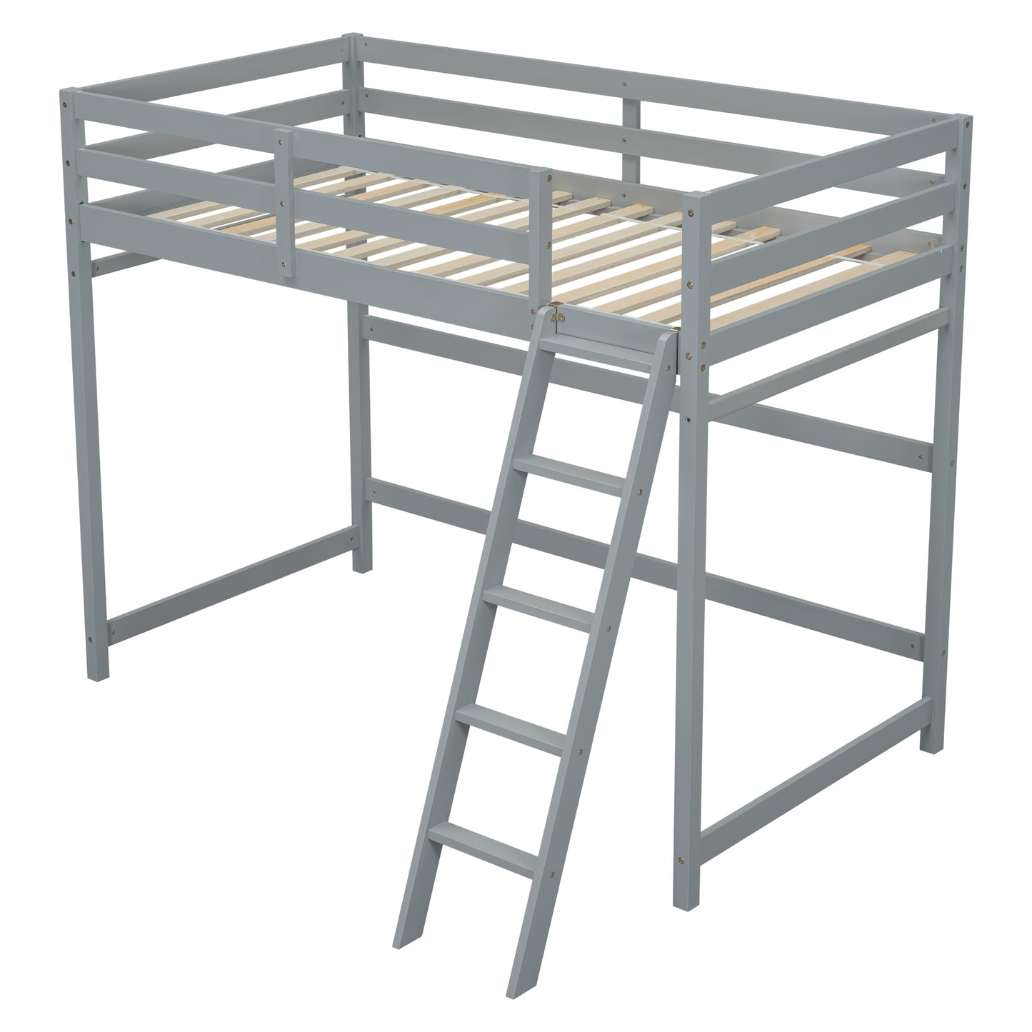 Twin Size High Loft Bed with inclined Ladder, Guardrails,Grey