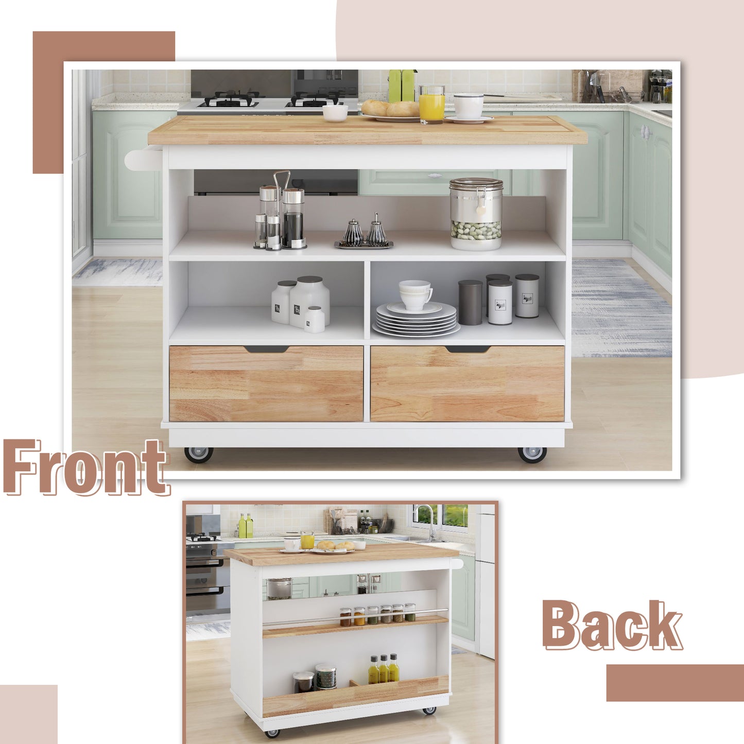 Rolling Kitchen Island with Storage, Two-sided Kitchen island Cart on Wheels with RubberWood Top,Wine and Spice Rack, Large Kitchen Cart with 2 Drawers, 3 Open Compartments, White