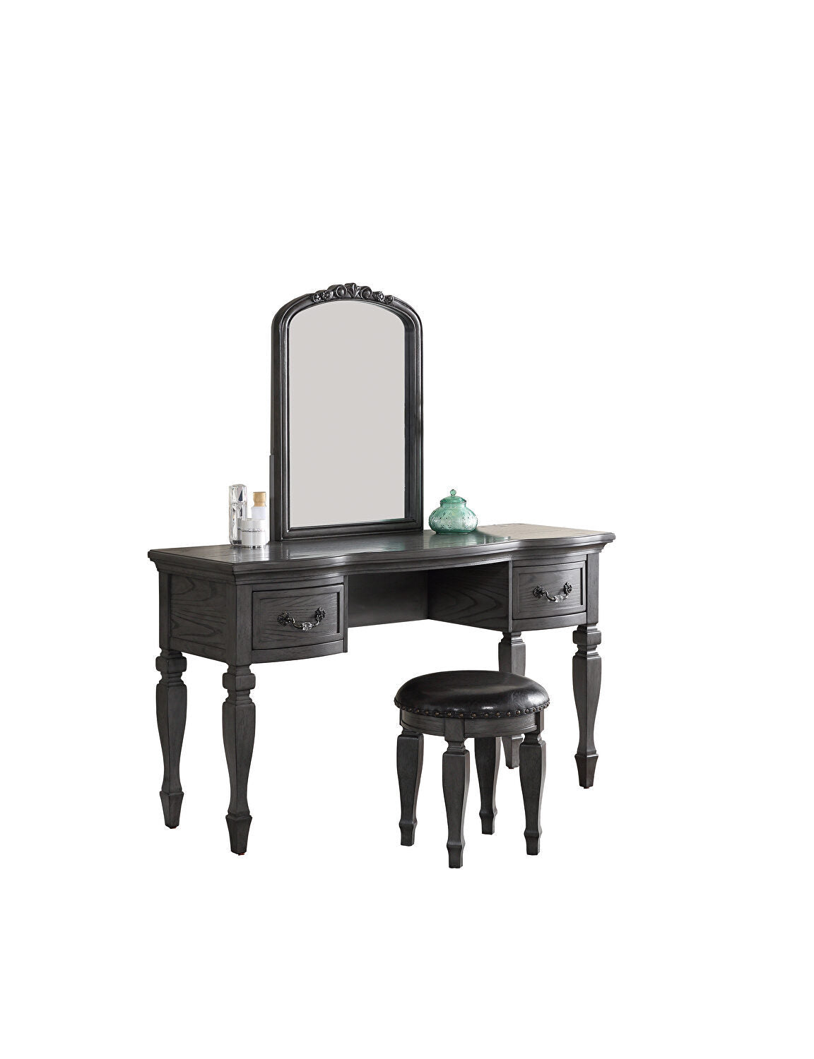 Bedroom Classic Vanity Set Wooden Carved Mirror Stool Drawers Antique Grey Finish