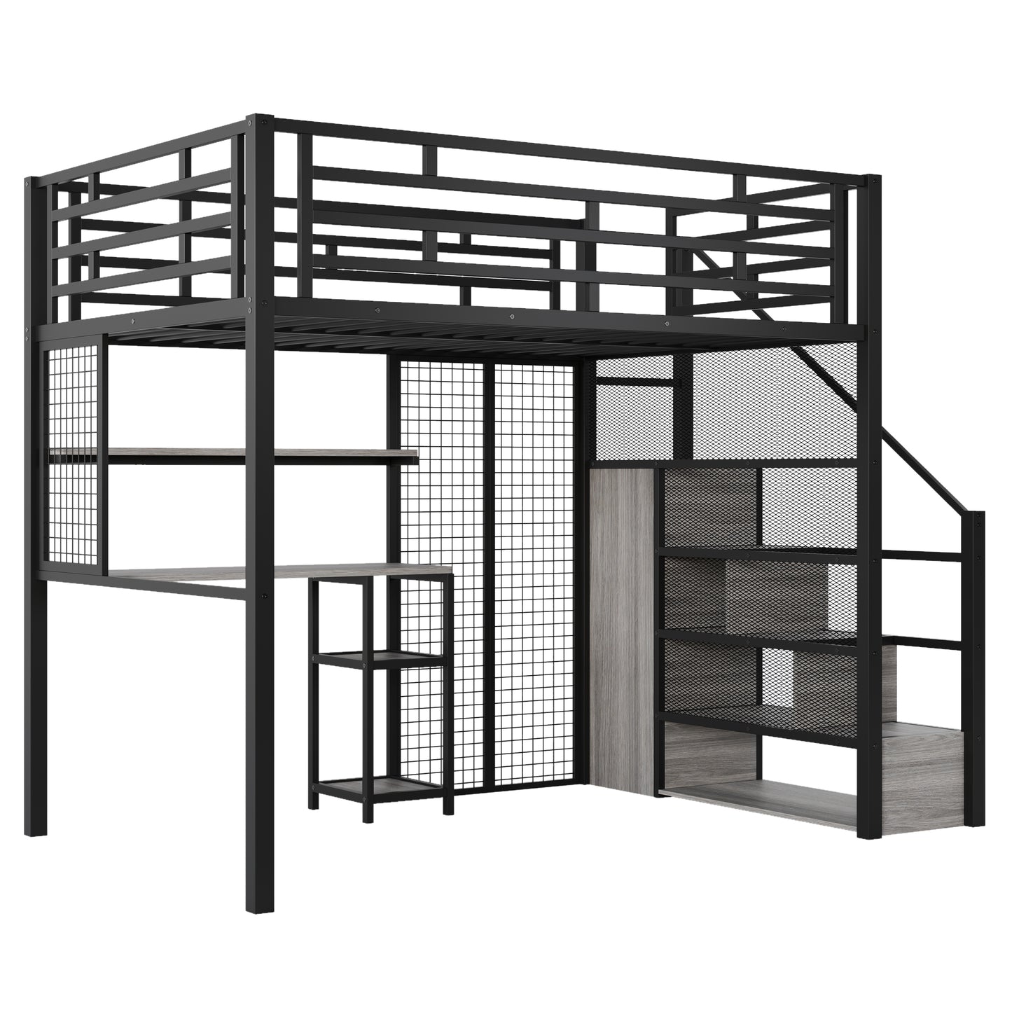 Contemporary Full Size Metal Loft Bed with Wardrobe, Desk, Storage Shelves, Black Finish