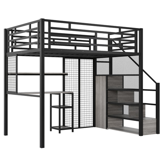 Contemporary Full Size Metal Loft Bed with Wardrobe, Desk, Storage Shelves, Black Finish