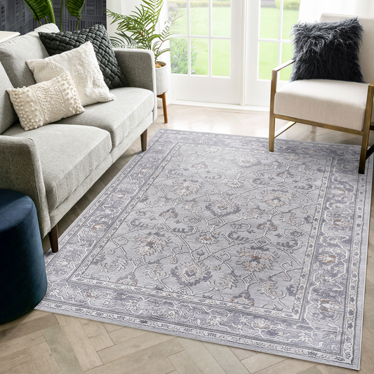 5X7 Ivory/Grey/Oriental Non-Shedding Living Room Bedroom Dining Home Office Stylish and Stain Resistant Area Rug