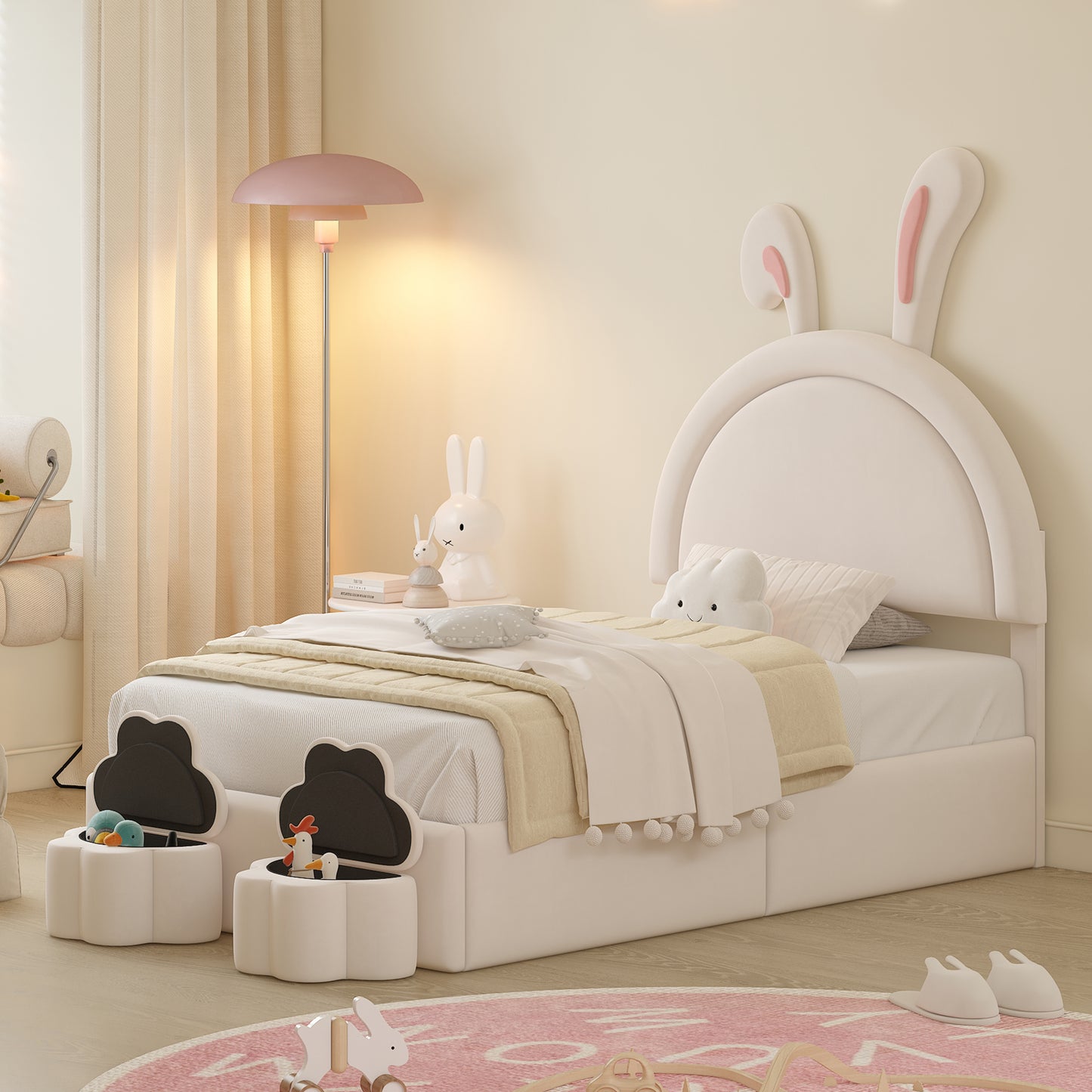 Twin size Upholstered Rabbit-Shape Bed with 2 Storage Stools, Velvet Platform Bed with Cartoon Ears Shaped Headboard, White