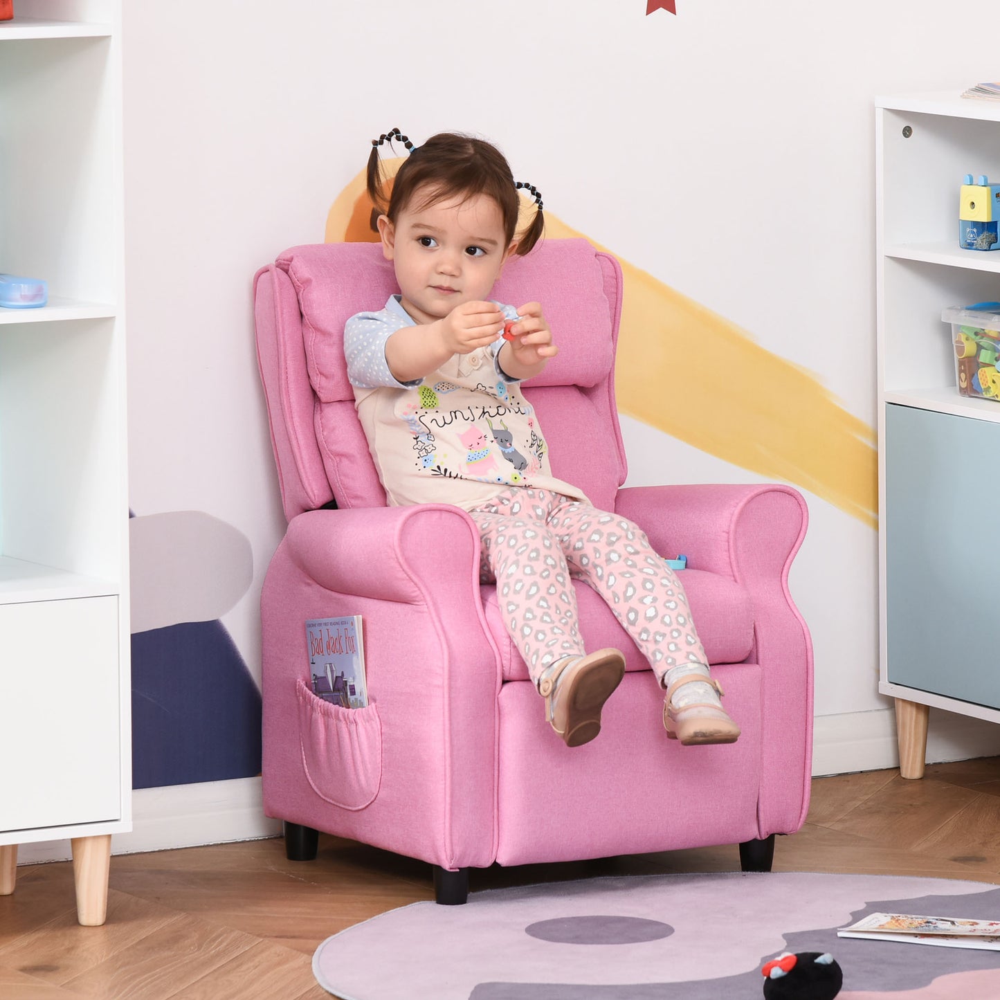 Qaba Kids Recliner Chair Children Sofa Angle Adjustable Single Lounger Armchair Gaming Chair with Footrest 2 Side Pockets for 3-5 Years, Light Pink