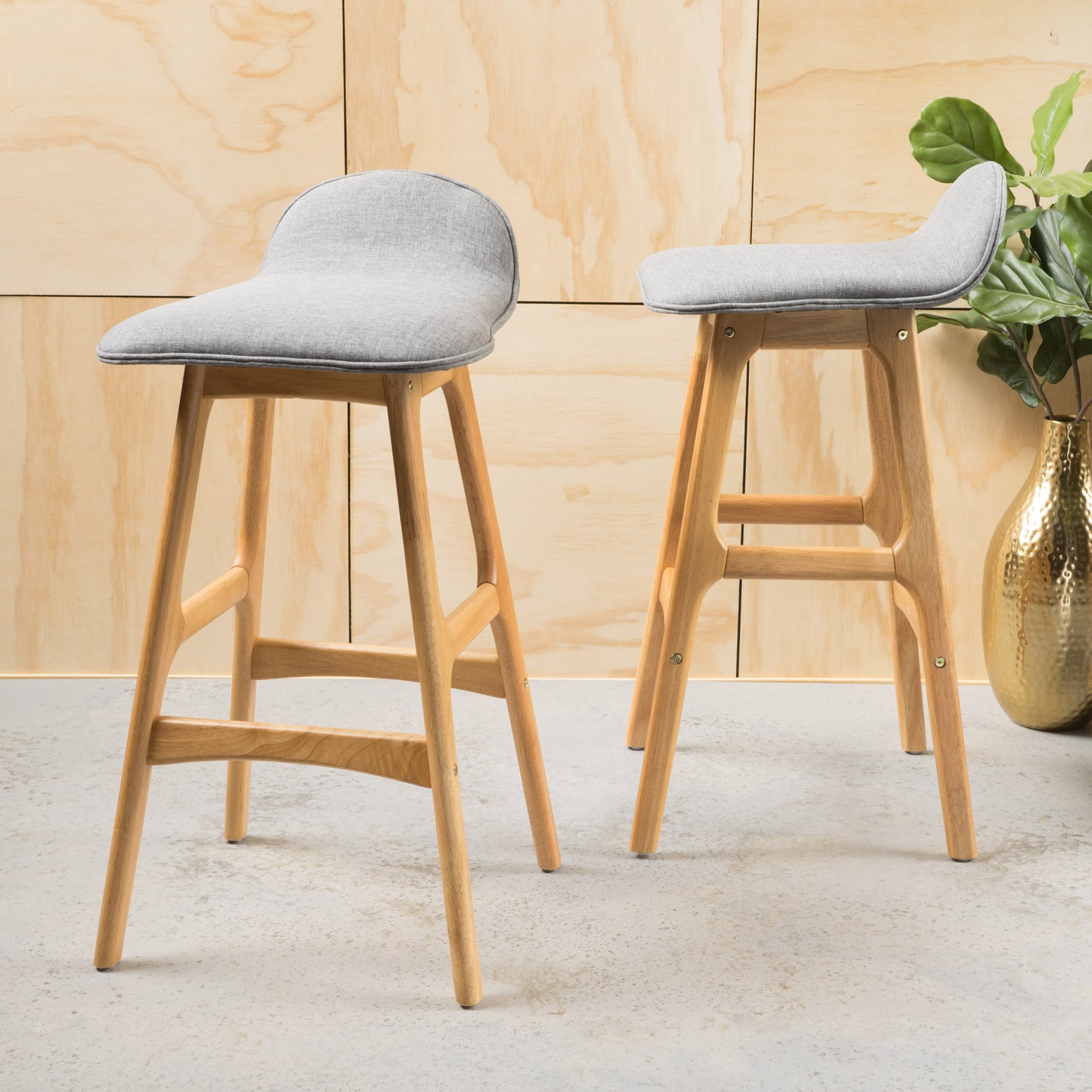 28.5" Mid-Century Modern Upholstered Low Back Barstools (Set of 2), Gray, Natural Oak Finish