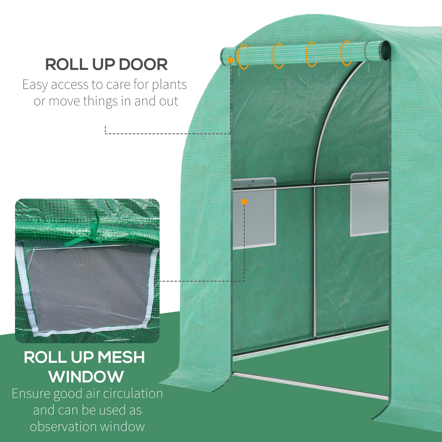 Outsunny 15' x 7' x 6.5' Walk-in Tunnel Hoop Greenhouse, Green House with Polyethylene PE Cover, Steel Frame, Roll-Up Zipper Door & Windows for Flowers, Vegetables, Tropical Plants, Green