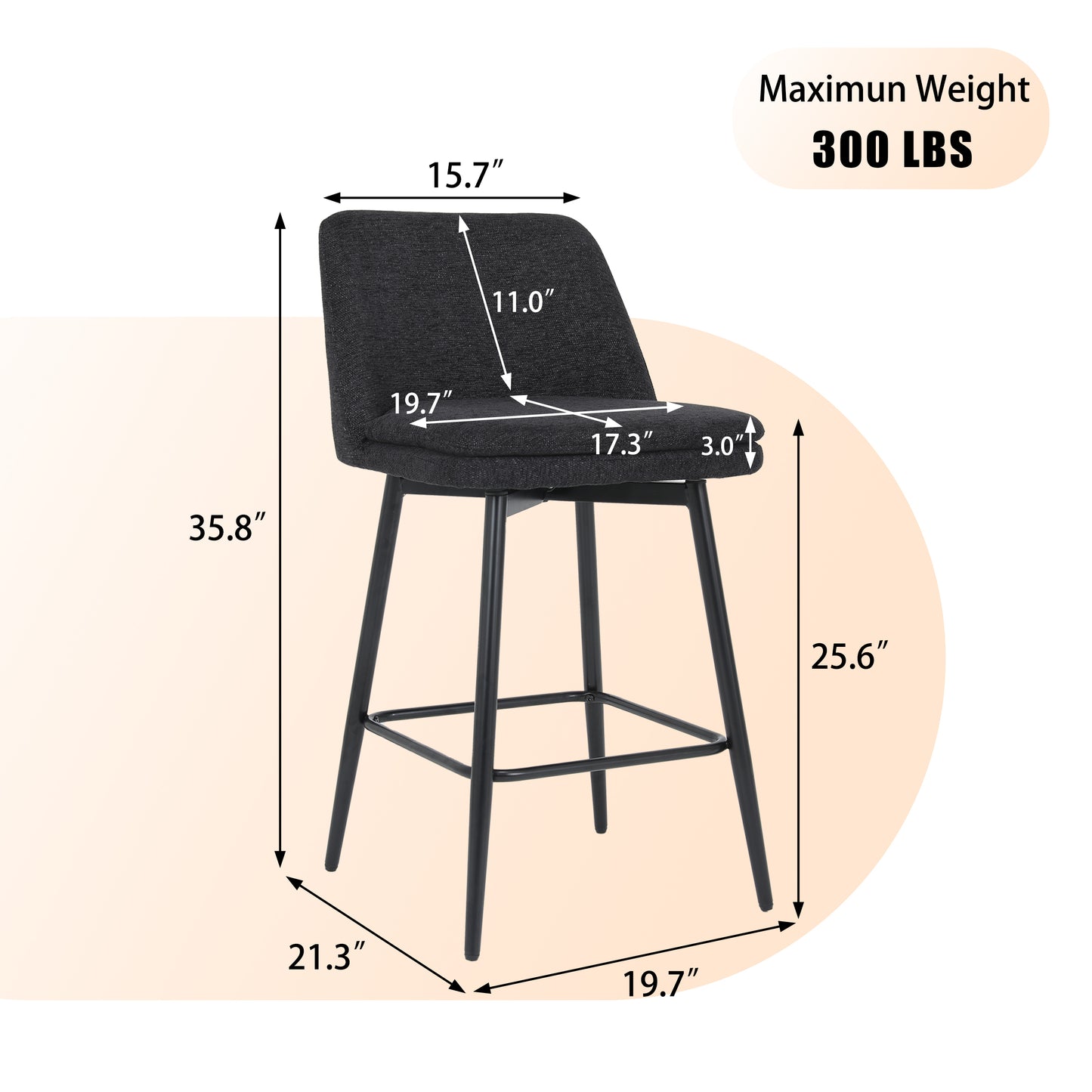 Counter Height Swivel Bar Stools Set of 2, 360° Swivel Upholstered Barstools with Back and Metal Legs, 25.6" Seat Height,Counter Stools for Kitchen Island and Pub,Linen Cloth,Black Linen.