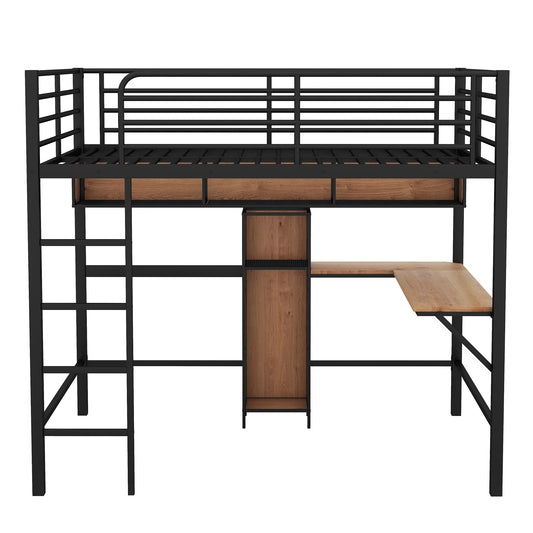 Full Size Metal & Wood Loft Bed with L-shaped Desk and Shelves in Black and Brown, Metal and MDF Construction
