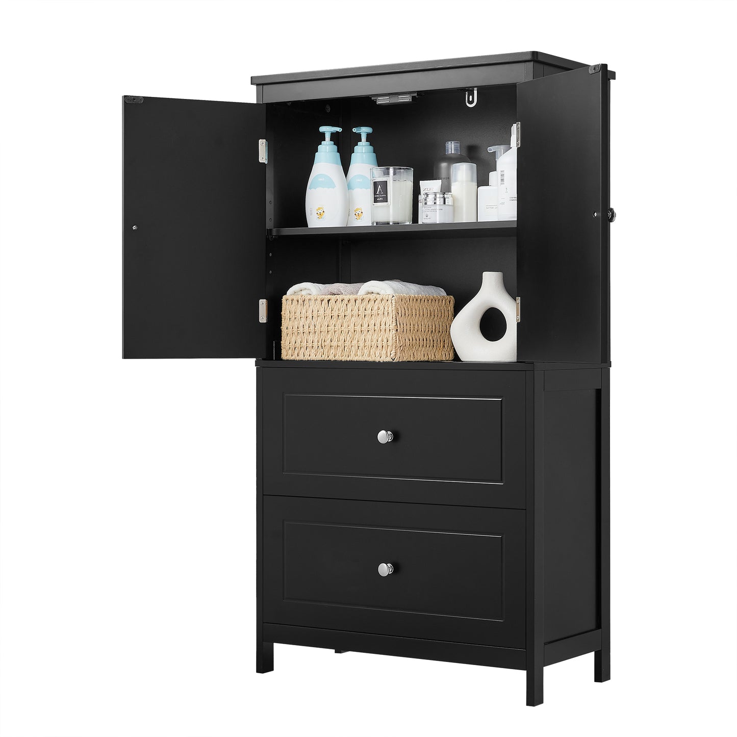 Bathroom Storage Cabinet, Cabinet with Two Doors and Drawers, Adjustable Shelf, MDF Board, Black