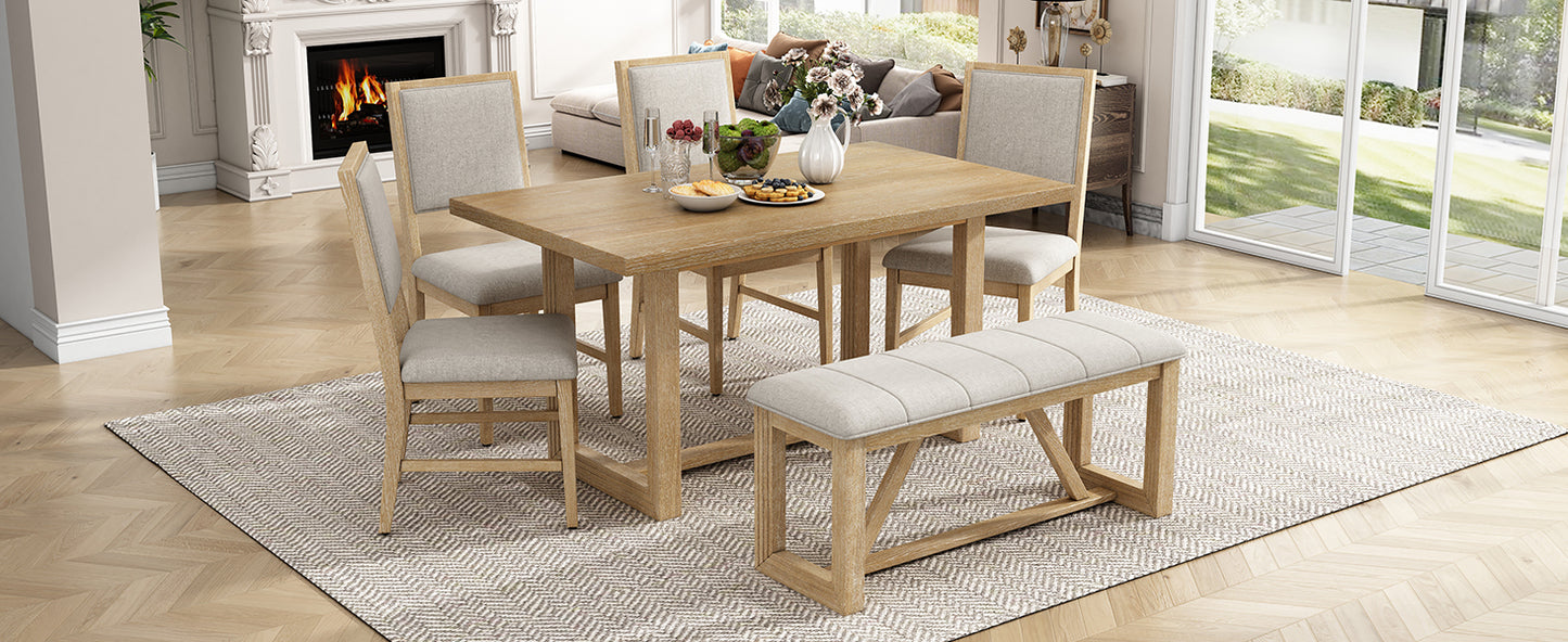 TREXM 6-Piece Retro Dining Set, 1 Rectangular Table with Designed Trestle Base and 4 Upholstered Chairs and 1 Bench for Dining Room and Kitchen (Natural)