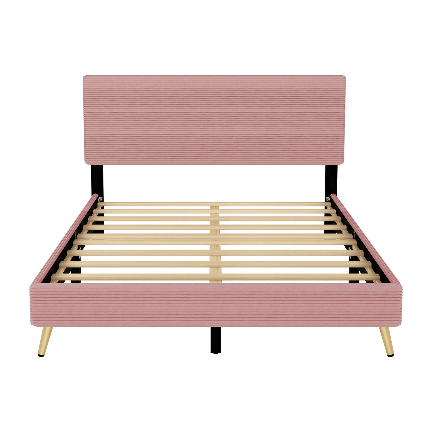 Queen Size Corduroy Upholstered Bed Frame, Platform Bed with Horizontal Stripe Headboard, No Box Spring Needed, Pink