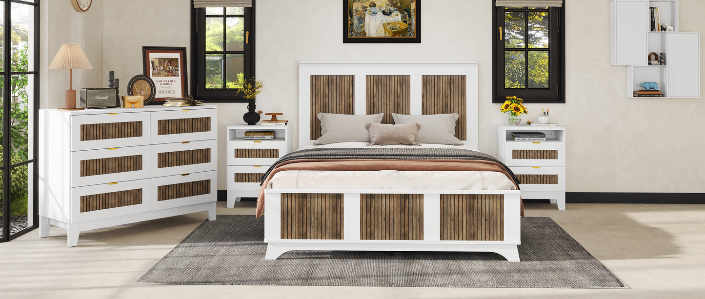 4-Pieces Bedroom Sets, Queen Size Farmhouse Platform Bed with Wooden Strip Decoration, Storage Nightstand and Dresser with Metal Handle, White