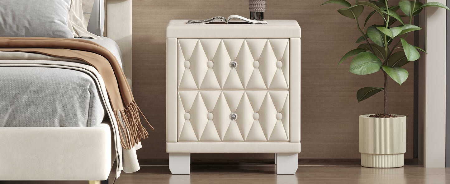 Elegant Velvet Nightstand with 2 Drawers and Crystal Handle, Storage Bedside Table with Button-Tufted, Beige