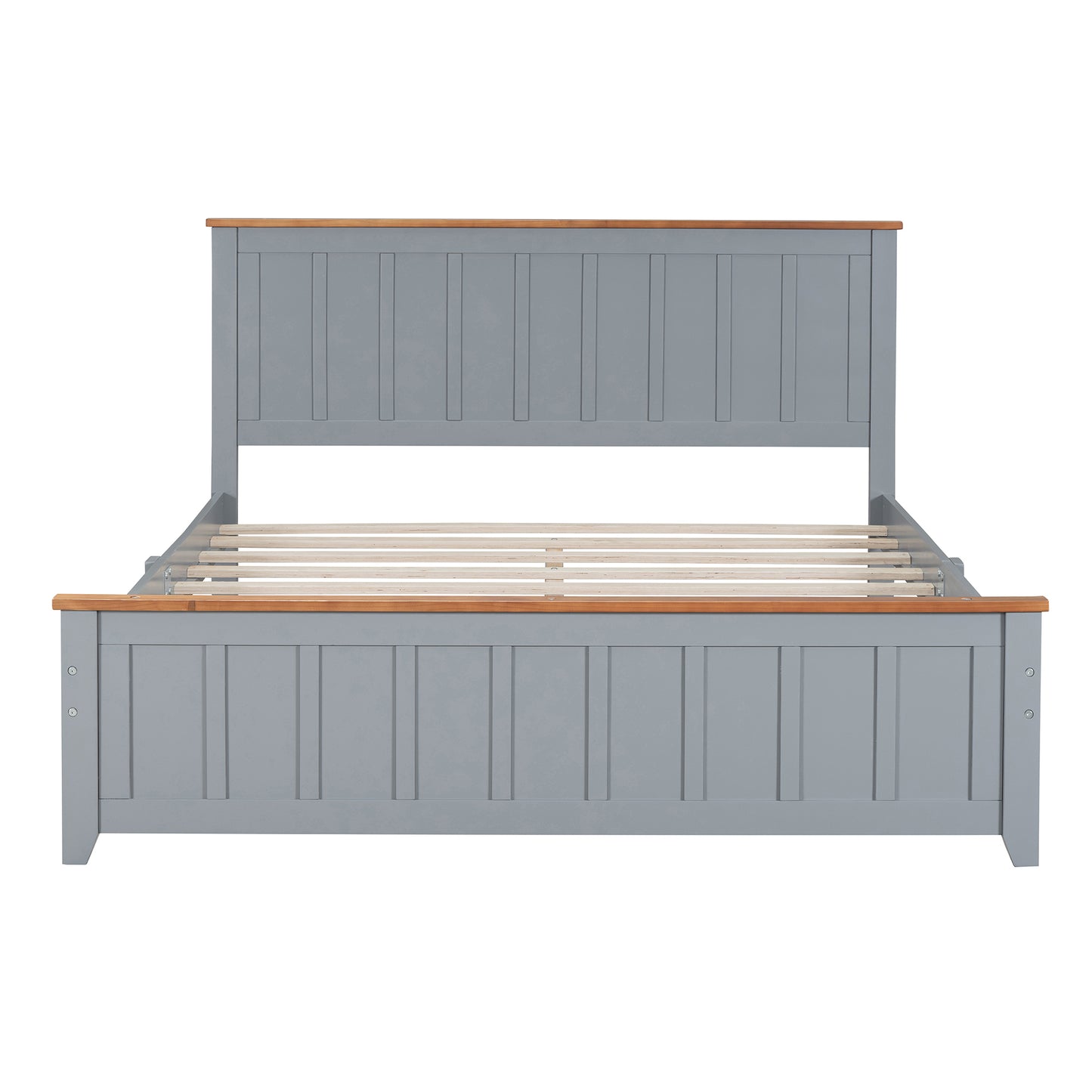 Queen Size Wood Platform Bed Wooden Slat Support, Vintage Simple Bed Frame with Rectangular Headboard and Footboard, Grey