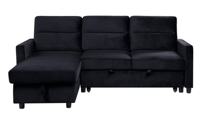 Ivy 81.5" Black Velvet Reversible Sleeper Sectional Sofa with Storage Chaise and Side Pocket