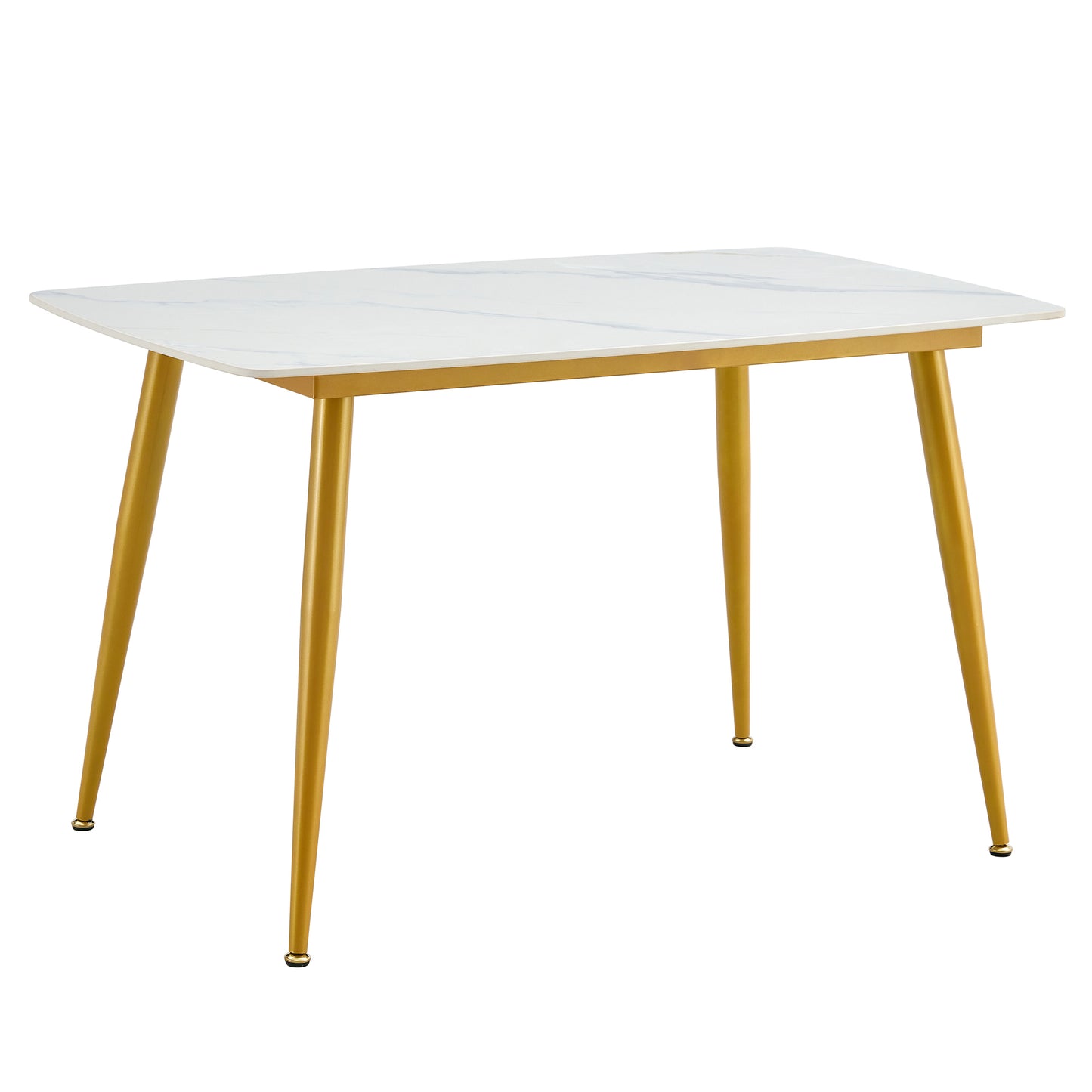 Modern minimalist dining table. White imitation marble patterned stone burning tabletop with golden metal legs. 50 "* 30" * 30 "F-001